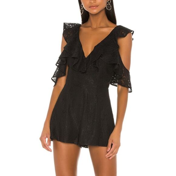 Lovers + Friends Black Cocktail Romper SMALL Off Shoulder Lace Party $198 NEW - Picture 1 of 8